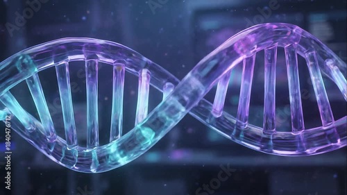 Slow-Motion Bioluminescent DNA Helix Floating in Mid-Air with Blurred Laboratory Background