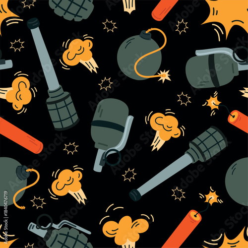 Bombs seamless pattern. Grenades and shells. Explosions with flames and smoke. Army gunpowder burst. Repeated print. Military weapon. Warhead detonator. Dynamite boom. Vector background