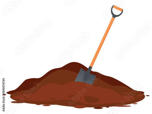 Bayonet shovel sticks out of large pile of earth. Hand tool for working with soil. Building and planting work. Spade and ground heap. Construction digging. Gardening scoop. Vector concept