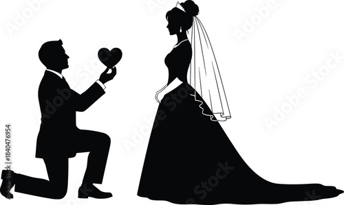 Black silhouette of a groom kneeling to propose marriage with a heart in his hand to a bride in a long wedding dress and veil, love and commitment vector illustration.