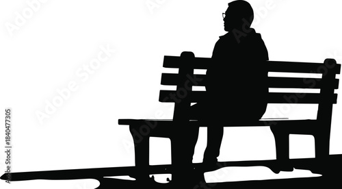 Black silhouette of a man wearing glasses and a jacket sitting alone on a park bench, contemplative and relaxed, looking out into the distance, outdoor recreation vector illustration.