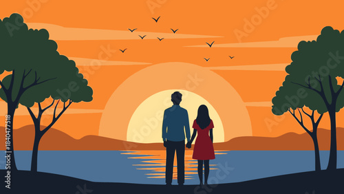 A couple holding hands watching a beautiful sunset over a lake with trees and flying birds.