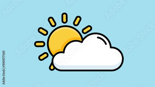 Cartoon illustration of a bright yellow sun peeking out from behind a fluffy white cloud on a light blue sky, depicting partly sunny weather.