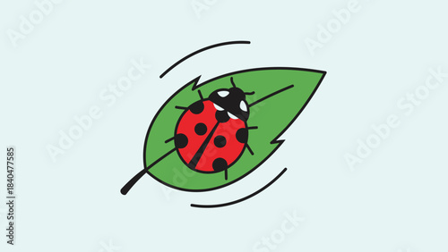 A vibrant red ladybug with black spots rests on a green leaf, with curved lines indicating movement or wind.