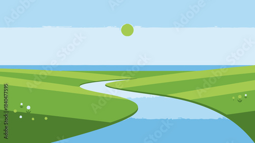 A minimalist vector illustration of a winding blue river flowing through rolling green fields under a light blue sky with a green sun.