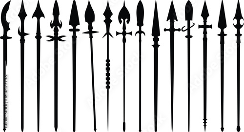 Ancient spear weapon silhouettes, traditional polearm collection, medieval combat tools, historical arms illustration set for fantasy design, warfare artwork reference
