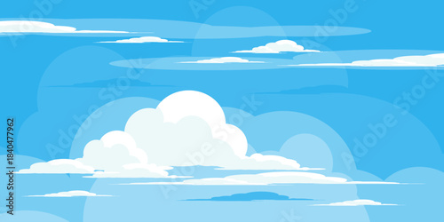 Illustration of a blue sky with white clouds in a flat style. Blue sky background and white clouds. Cartoon sky	
