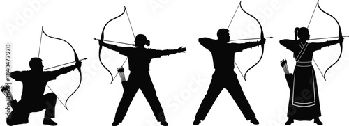 Archery silhouette collection featuring archers aiming bows, traditional archery poses, precision shooting stances, sport training illustration set for design, outdoor activity artwork
