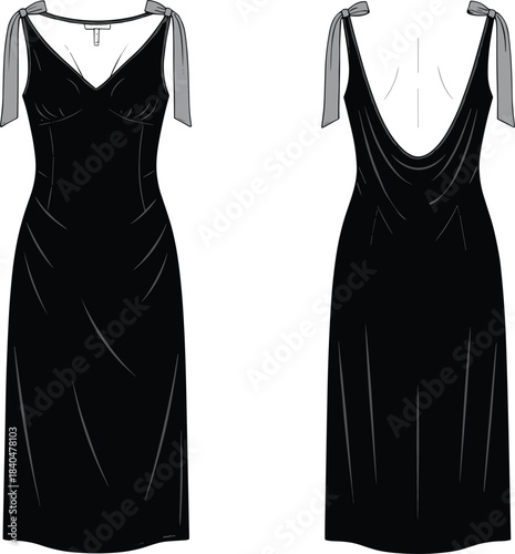 Sleeveless draped dress front and back view, V-neckline, bow-tie straps, cowl back, gathered bust, elegant fashion garment illustration
