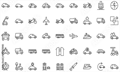 Transportation Icon Collection: A meticulously curated array of transport icons, each representing a mode of conveyance. Perfect for navigation, web design.