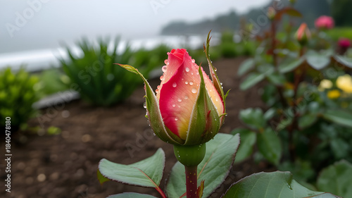 Close up of a vibrant pink rose bud blooming in a lush garden setting