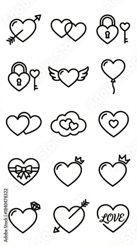 Interlocked heart icons heart lock with key winged heart heart balloon gift heart crowned heart engagement heart arrow pierced heart love typography emotive symbols