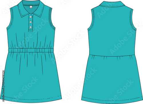 Sleeveless turquoise dress front and back view, collared neckline, button placket, gathered waist, straight hem, fashion garment illustration