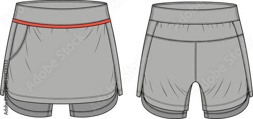Technical athletic shorts front and back view, seam detailing, red waistband accent, split hem, layered construction, compression fit, sportswear illustration