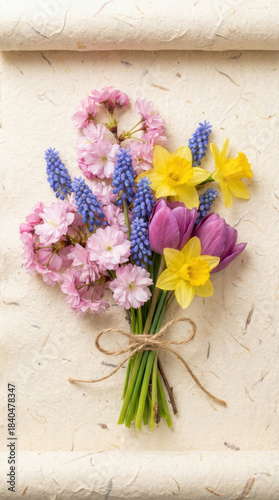 Spring bouquet of daffodil tulip grape hyacinth and cherry blossom tied with twine on textured paper, soft pastel colors and delicate floral arrangement conveying cheerful gentle mood