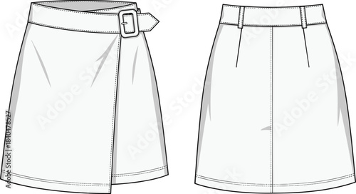 Wrap and A-line skirt front views, belt and buckle detail, seam lines, waistband structure, technical fashion garment illustration for design