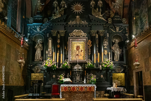 view of the altar and shrine of the Black Madonna inside the Jasna Gora monastery church