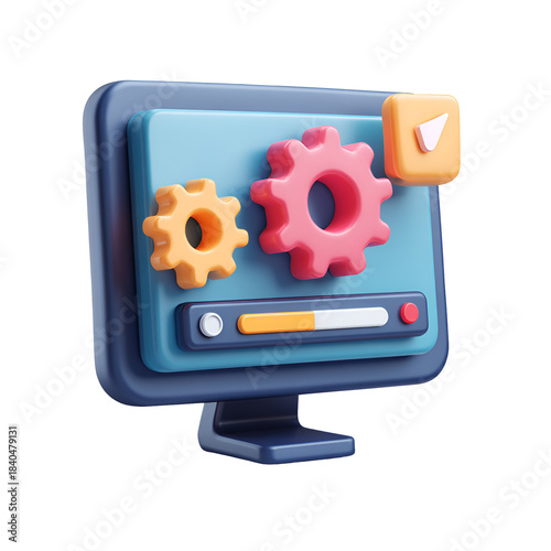 Computer Monitor Displaying System Settings Interface with Colorful Gears and Progress Bar on Transparent Background