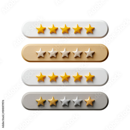 3d render of various star rating bars demonstrating different levels of customer satisfaction, feedback, and product review scores on white background