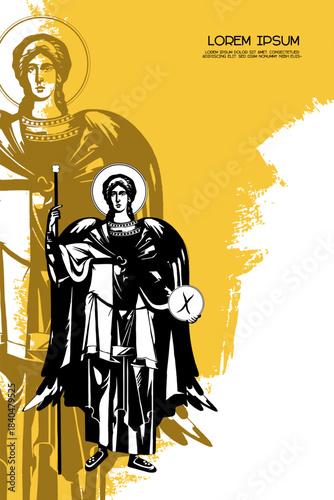 Religious vintage poster template with Archangel Michael. Christian illustration in Byzantine style