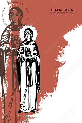 Religious vintage poster template with Saint Parascheva of the Balkans. Christian illustration in Byzantine style