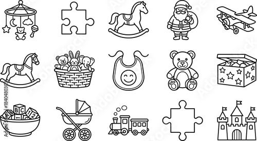 Cute baby and kids toy icon collection featuring rocking horses, puzzles, stuffed animals, stroller, castle, train, bib, and playful elements