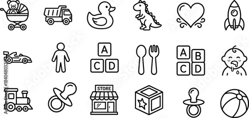 Cute minimalist baby and toddler icons featuring toys, stroller, pacifier, blocks, food utensils, vehicles, shapes, and childhood essentials