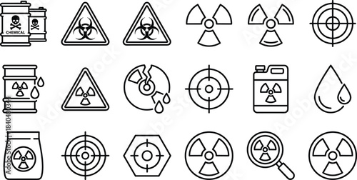 Dangerous chemical and radioactive hazard icon set showing toxic waste symbols, biohazard warnings, contamination alerts, safety signs and risk indicators