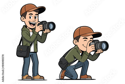 Photographer character taking pictures set with cartoon man holding camera in standing and crouching poses, perfect for travel, photography hobby, or journalism vector artwork