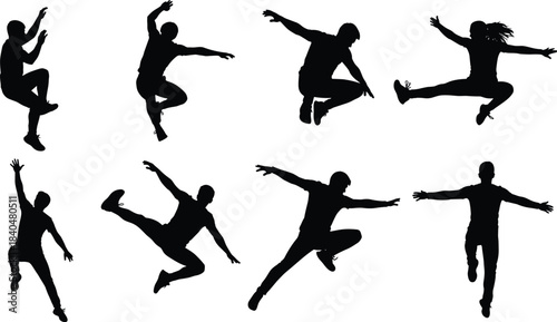 Dynamic jumping silhouettes of active people performing energetic movement poses, fitness action figures, athletic choreography motions for sports, dance, exercise illustrations