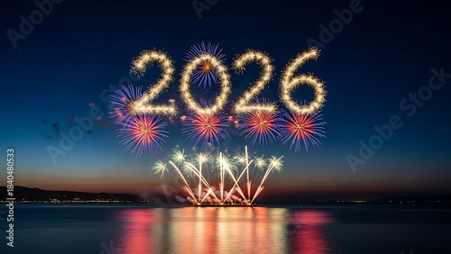 Colorful New Year fireworks explode in the dark night sky over the city river creating a bright light reflection on the water during this festive holiday pyrotechnics celebration