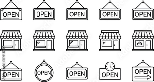 Minimal open sign and storefront icon collection featuring business hours, shop availability labels, retail signage symbols, and entry announcement graphics
