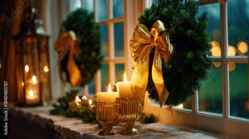 Festive holiday wreath with golden bow and candle decoration creating warm cozy glow by window