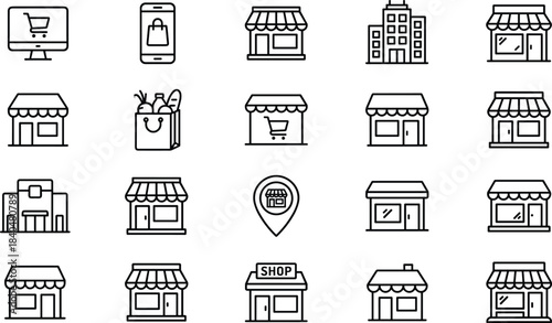 Modern collection of storefront, shop, market, grocery, and online shopping icons designed for retail branding, business maps, and e-commerce graphics
