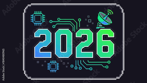 Year 2026 digital technology concept futuristic circuit board design with satellite dish representin