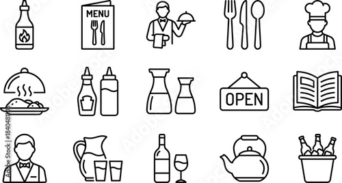 restaurant, food, service, icons, line, art, kitchen, chef, waiter, menu, tableware, cooking, utensils, beverages, drinks, open, sign, illustration, minimal, design