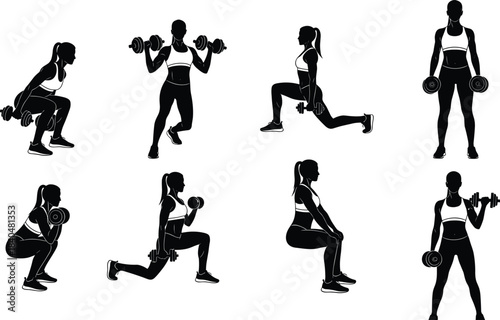 Female fitness silhouettes lifting dumbbells, performing squats, lunges, strength training exercises, showcasing workout technique, gym training, active lifestyle illustration set