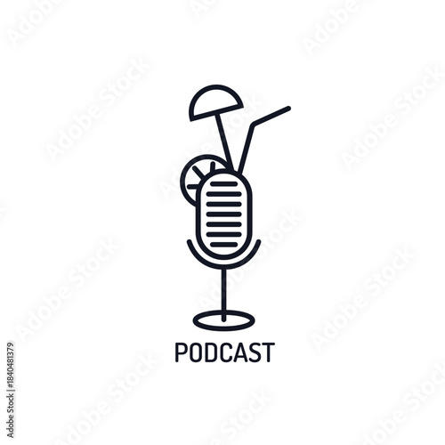 Podcast logo sign. Microphone emblem. Audio thin line icon. Summer party concept Decorative element Modern linear design Identity brand concept Print for clothes card flyer banner poster cover booк ad
