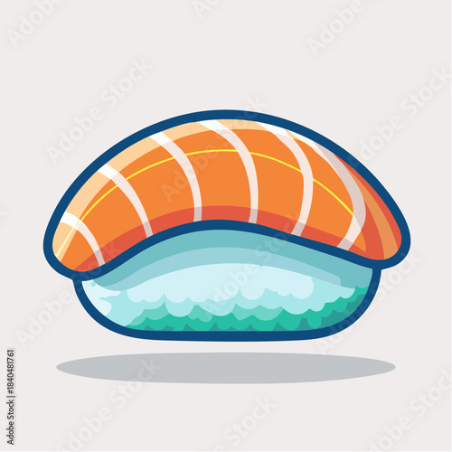 Illustration of a piece of salmon nigiri sushi with rice and a shadow on a white background.