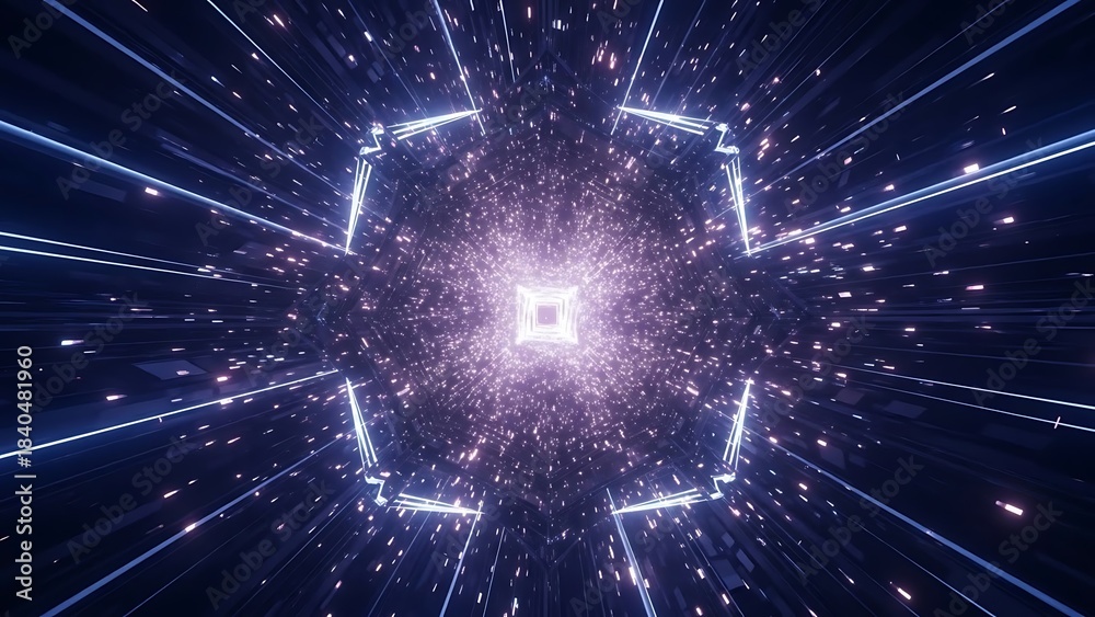 Naklejka premium Glowing purple and white light beam explosion in dark space with sparkling particles and hexagonal lines radiating outward