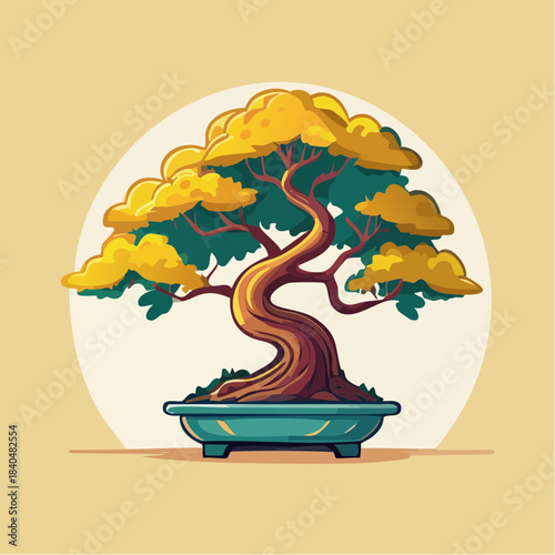 Stylized bonsai tree with golden leaves in a blue pot against a cream background.