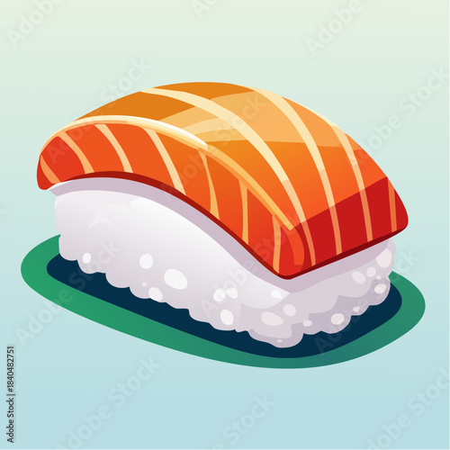Illustration of a piece of salmon nigiri sushi on a green plate, against a light blue background.