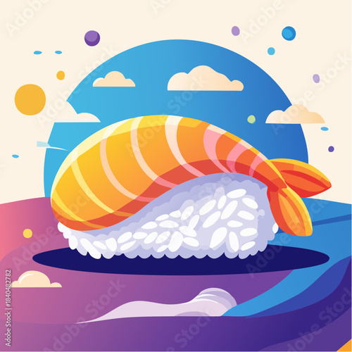 Vibrant cartoon illustration of a shrimp nigiri sushi piece against a colorful, stylized background.