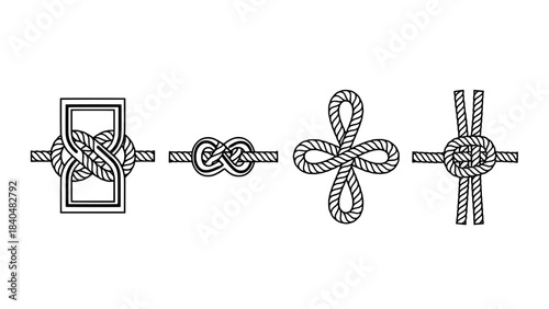 Minimalist black and white illustration showing a guitar neck with a wrench and string roll, representing instrument repair, beside two blank rectangular boxes.