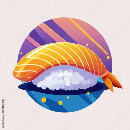 Vibrant illustration of salmon nigiri sushi on a blue plate with a colorful background.