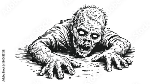 Scary zombie head and hands rising from soil in hand-drawn vector illustration, ideal for Halloween, horror artwork, and spooky graphic design concepts