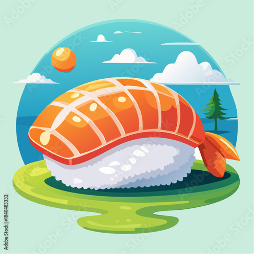 Cartoon illustration of a shrimp sushi nigiri on a green plate with a landscape background.