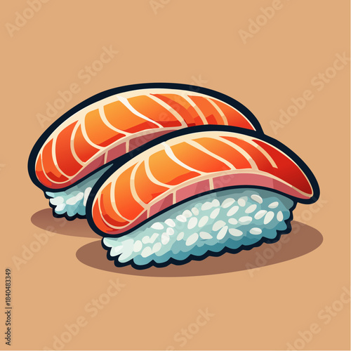 Two pieces of salmon nigiri sushi with rice on a tan background.