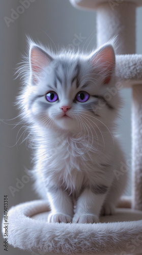 The kitten is sitting in its cat house.