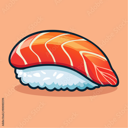 Illustration of a piece of salmon nigiri sushi on a light orange background.